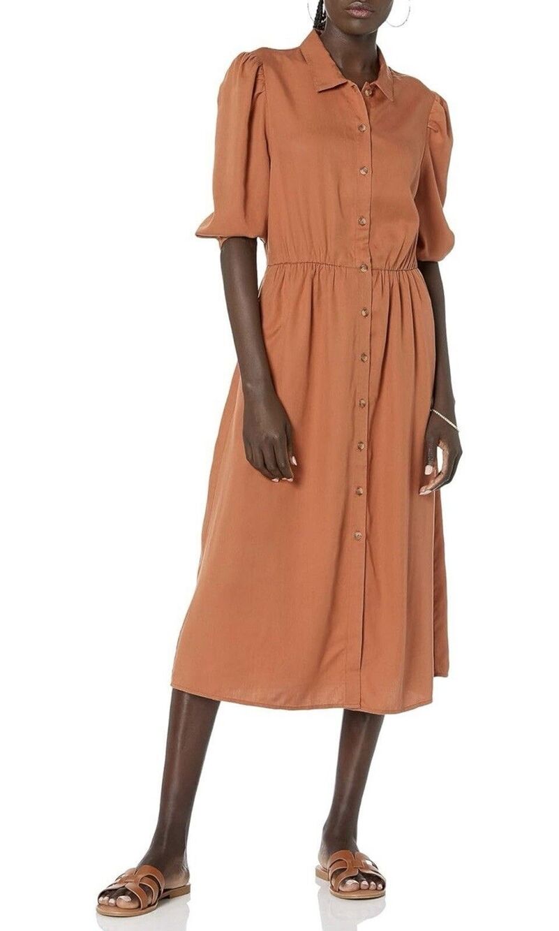 The Drop Ellen Midi Button Up Shirt Dress Puff Sleeve Auburn Size Small NWT - Picture 2 of 6
